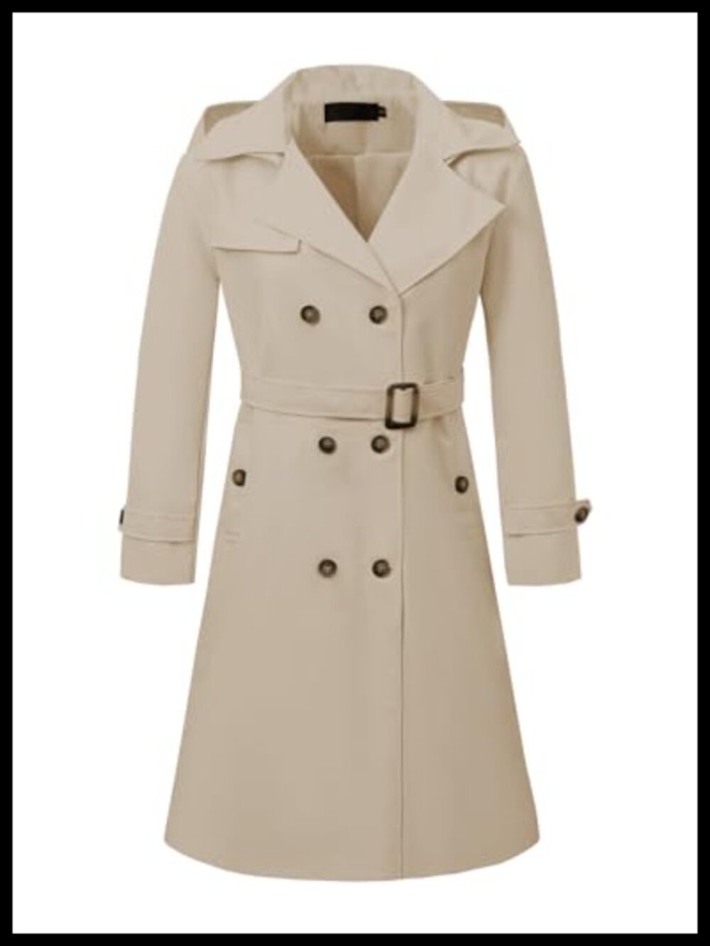 Women's Long Trench Coat Double Breasted Belted Slim Overcoat Detachable Hood